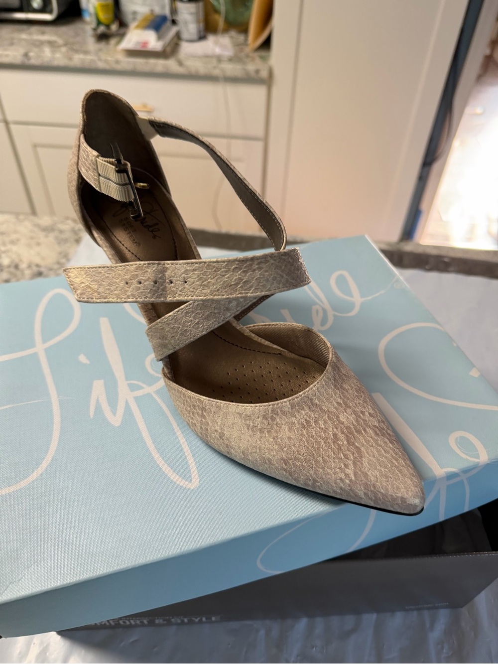 Life Stride Cross-Strap Pointed-Toe Pump in Beige